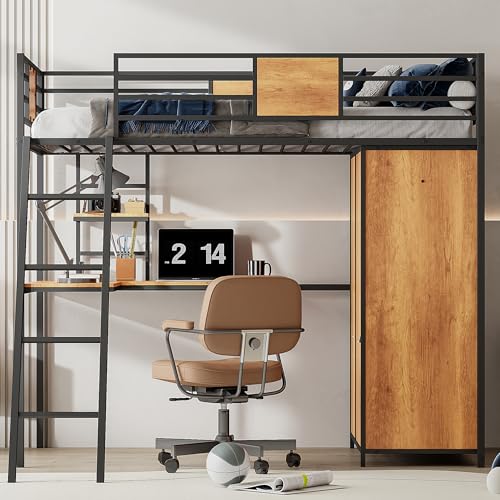 Black Twin Loft Bed with Desk and Storage U482