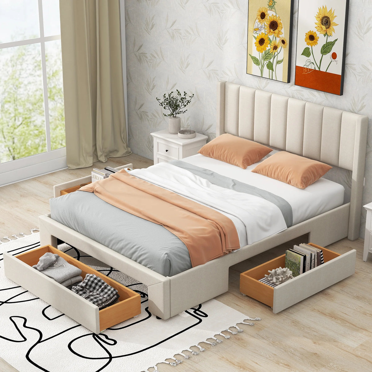 Beige Queen Size Upholstered Platform Bed with 3 Storage Drawers Q850934
