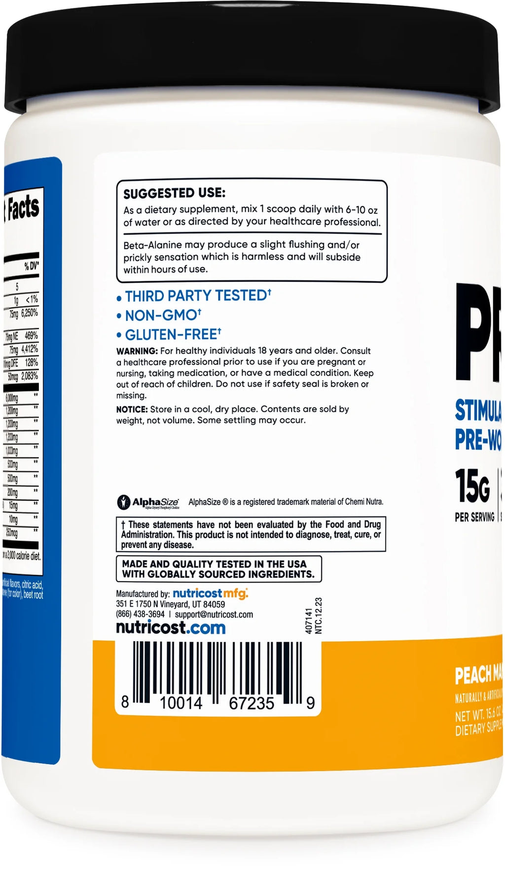 Stim-Free Pre-Workout Powder 30 Servings Peach Mango F8170