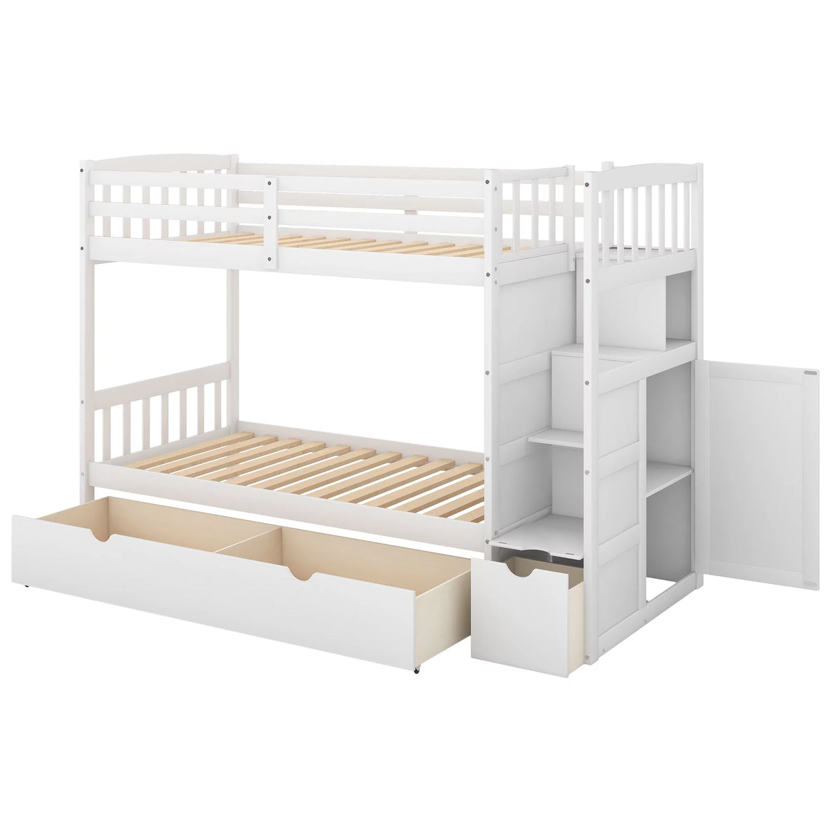 White Twin over Twin Bunk Bed with Drawer and Cabinet G7120