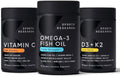 1250 mg Omega 3 Fish Oil 90 Count, Vegan Vitamin C 1000mg 240 Count, Vegan Vitamin D 5000iu with Vitamin K 60 Count M473745