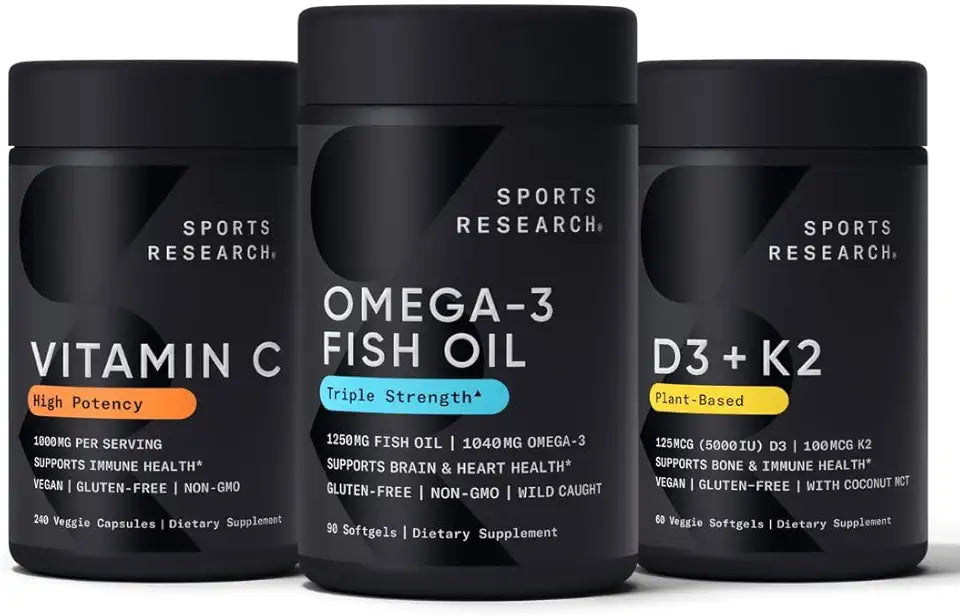 1250 mg Omega 3 Fish Oil 90 Count, Vegan Vitamin C 1000mg 240 Count, Vegan Vitamin D 5000iu with Vitamin K 60 Count M473745