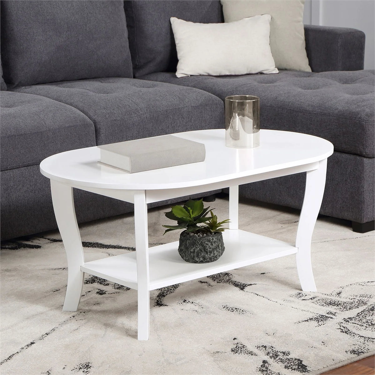 Oval Coffee Table with Shelf White Wood Finish X897