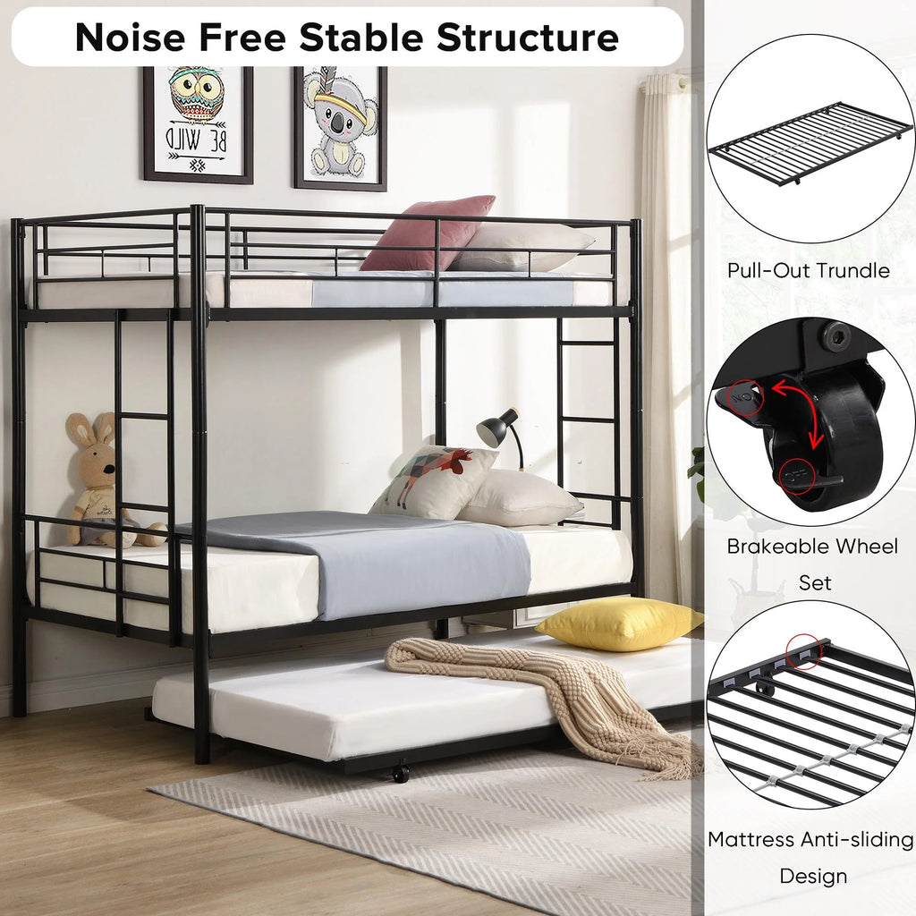 Black Twin Over Twin Metal Bunk Bed with Trundle and Safety Rails V8937