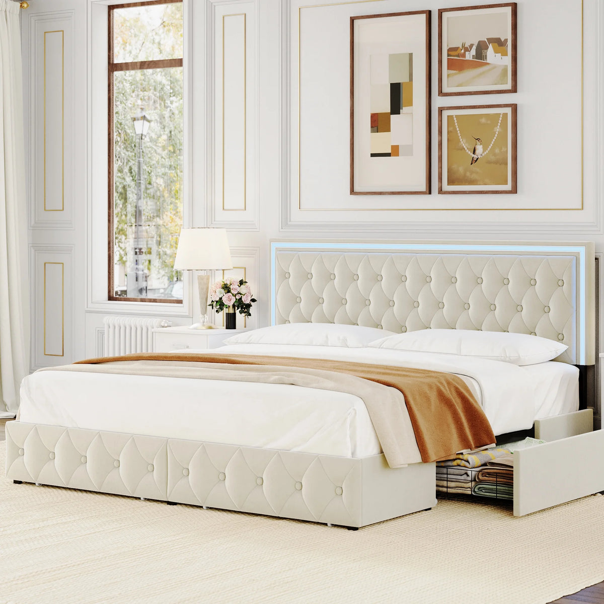 King LED Bed Frame with 4 Storage Drawers, Adjustable Velvet Upholstered Headboard G3481