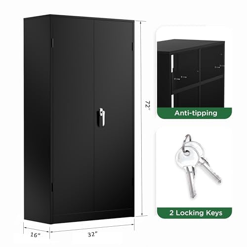 72" Black Locking Metal Storage Cabinet with 4 Adjustable Shelves T937296