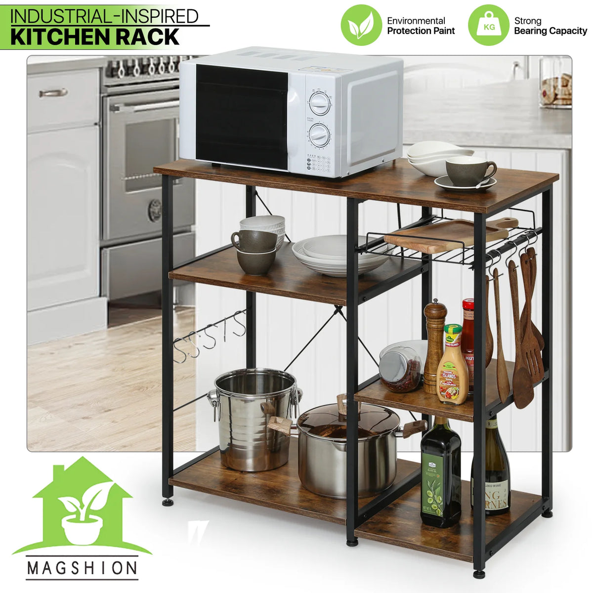 Steel 5 Shelves Kitchen Bakers Rack with Hooks M139469
