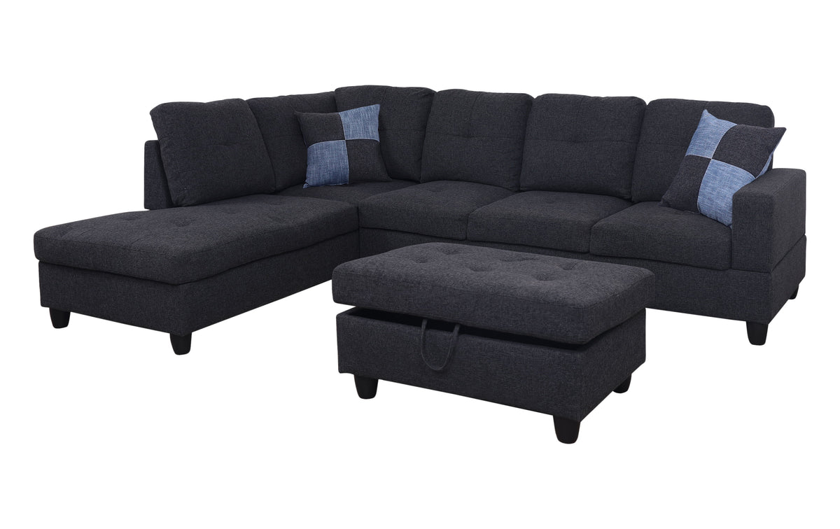 Midnight Gray Linen Left Chaise Sectional Sofa with Storage Ottoman T419853