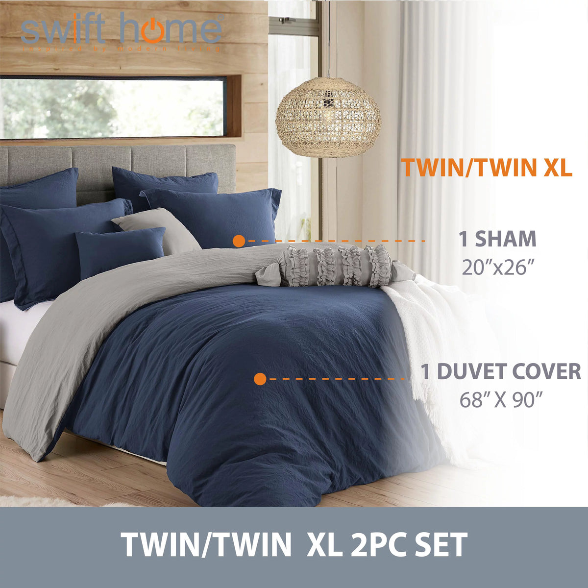 Navy Graphite Twin/Twin XL Reversible Duvet Cover & Sham Set U614799