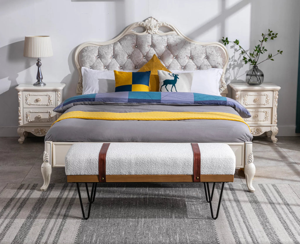 White Faux Fur Upholstered Ottoman Bench with Metal Legs R6535