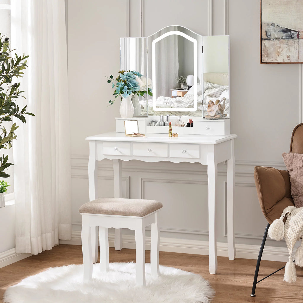 White Vanity Set with Mirror Stool and Drawers R5930