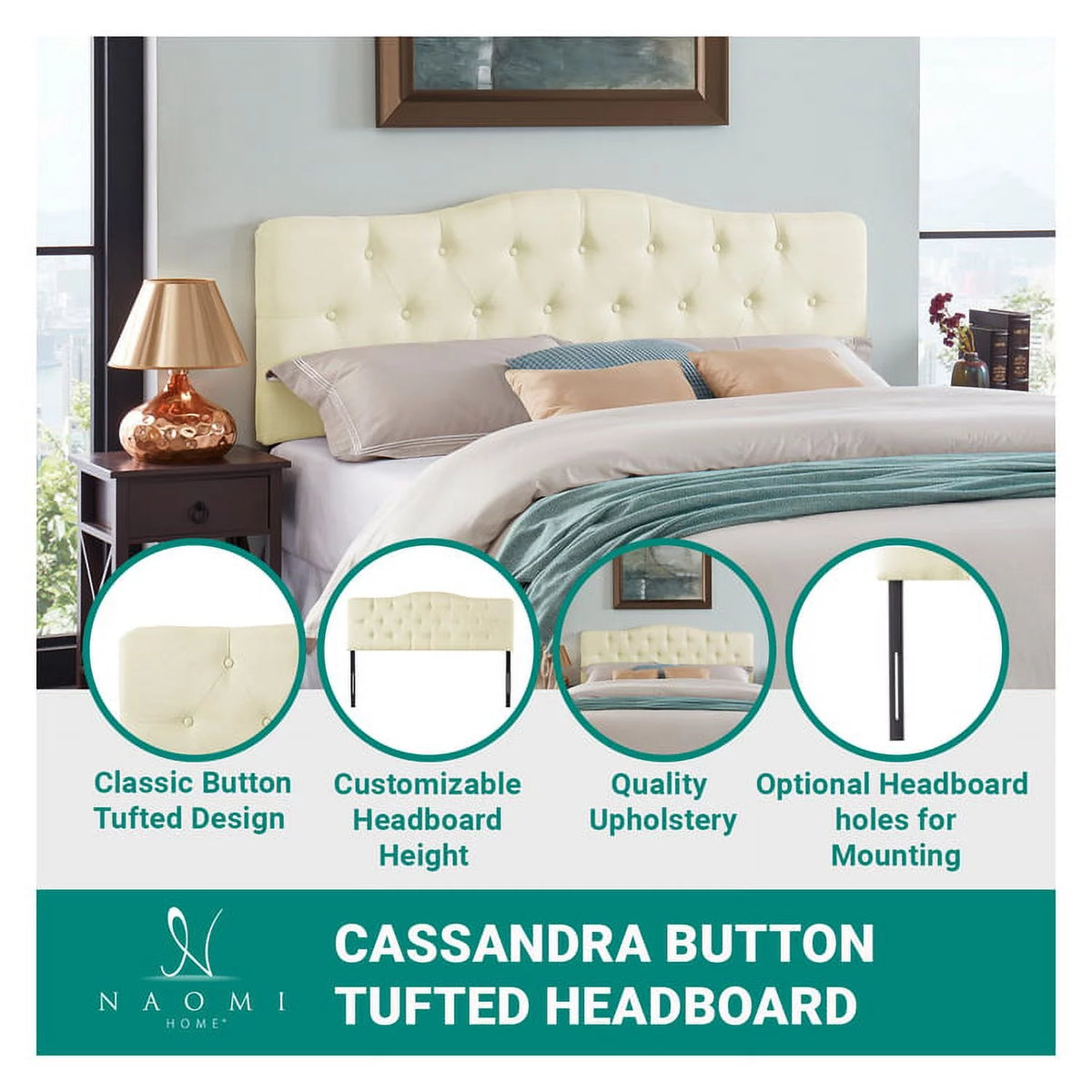 White Linen Upholstered Button Tufted Queen Headboard Z9153