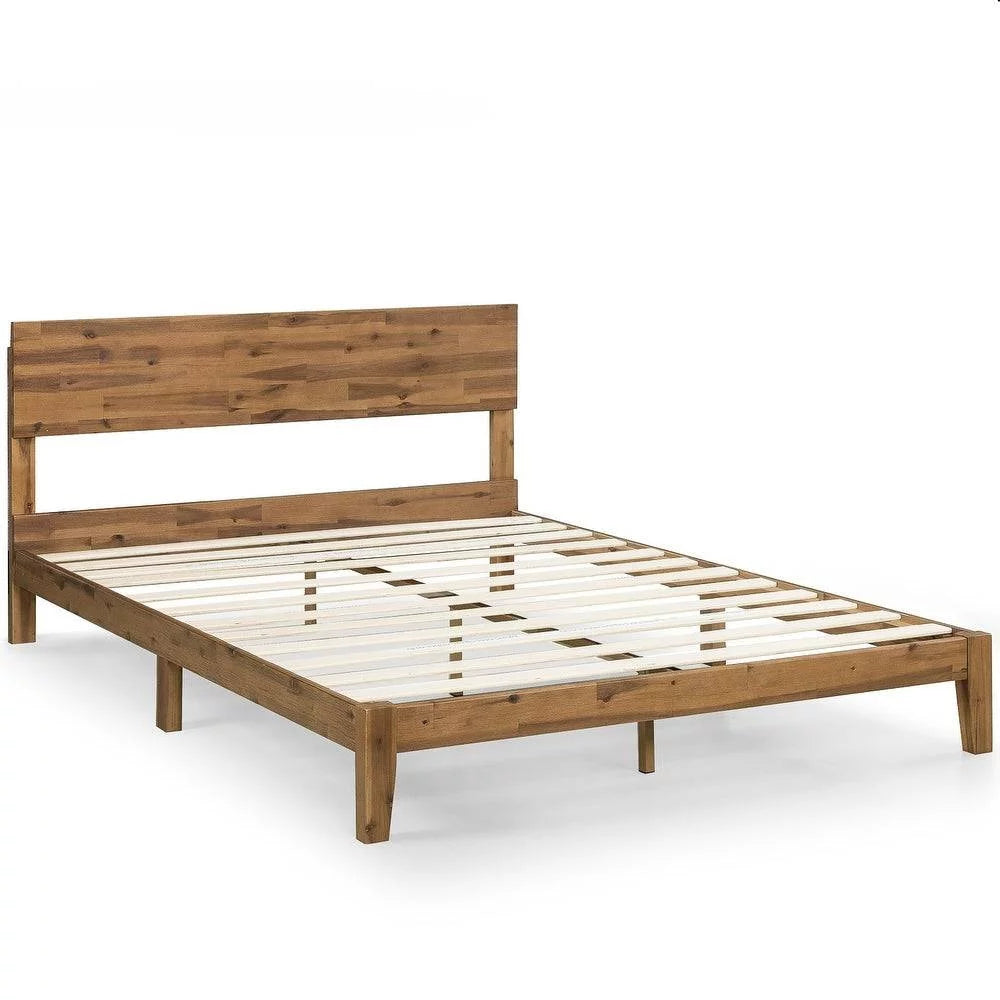 King Size Medium Brown Wood Platform Bed Frame with Headboard J943