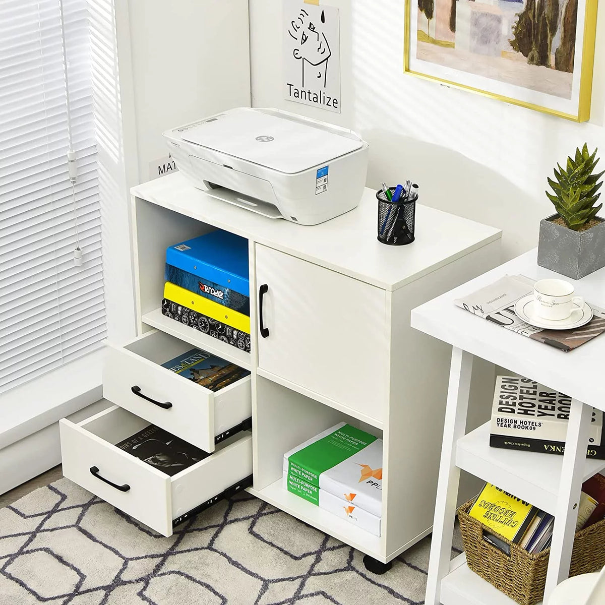 White Mobile Printer Stand with 2 Drawers S98167