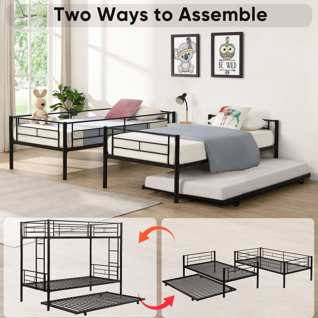Black Twin Over Twin Metal Bunk Bed with Trundle and Safety Rails V8937