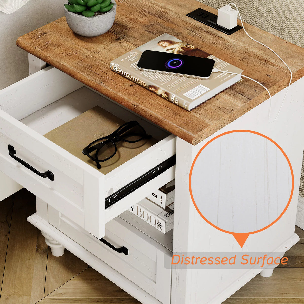 White and Oak 2 Drawer Nightstand with Charging Station W24626
