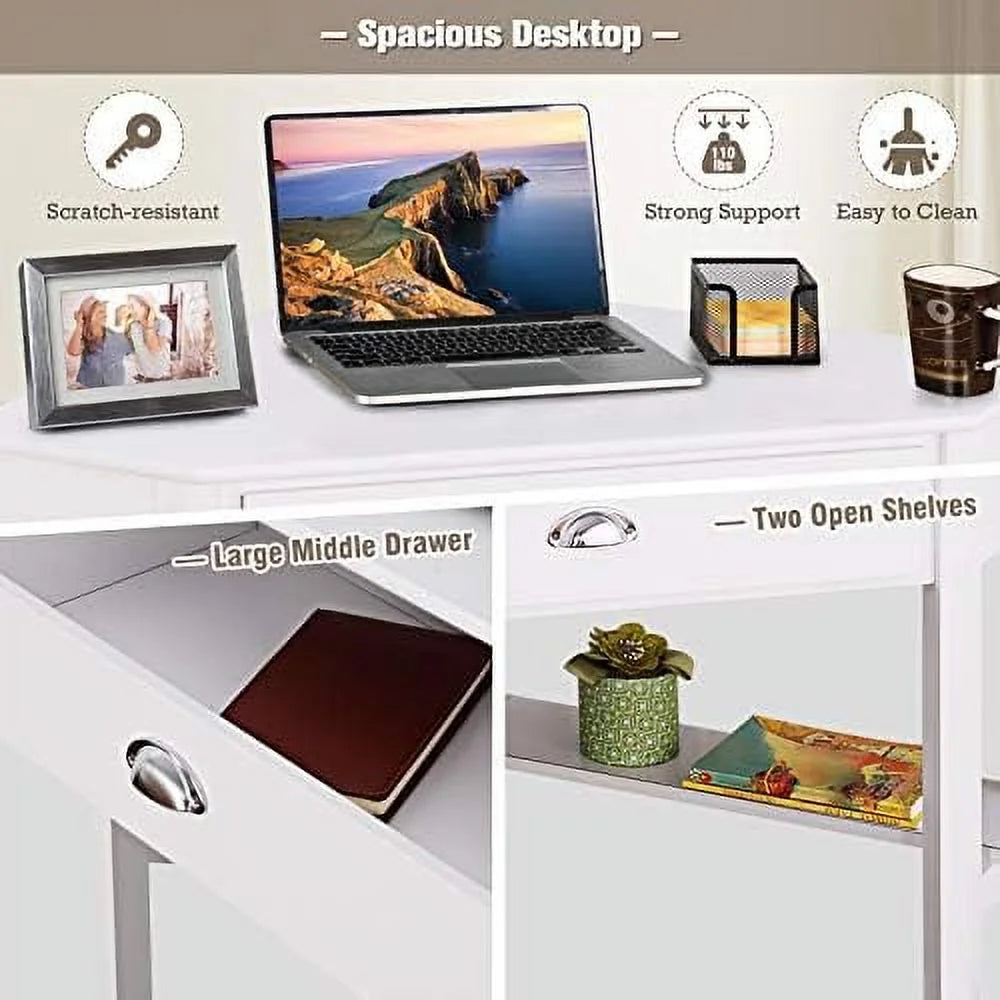 White Corner Desk with Drawers and Shelves Q501111
