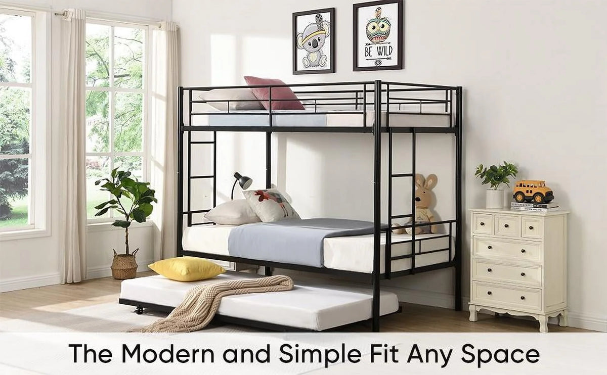 Black Twin Over Twin Metal Bunk Bed with Trundle and Safety Rails V8937