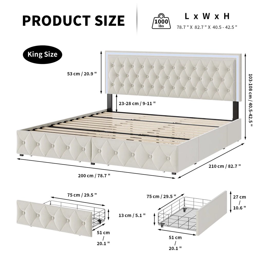 King LED Bed Frame with 4 Storage Drawers, Adjustable Velvet Upholstered Headboard G3481