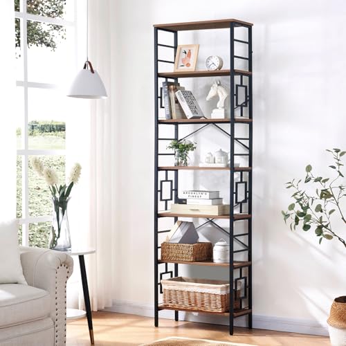 84 Inch 7 Tier Brown Bookshelf with Metal Frame and Open Shelves D55805