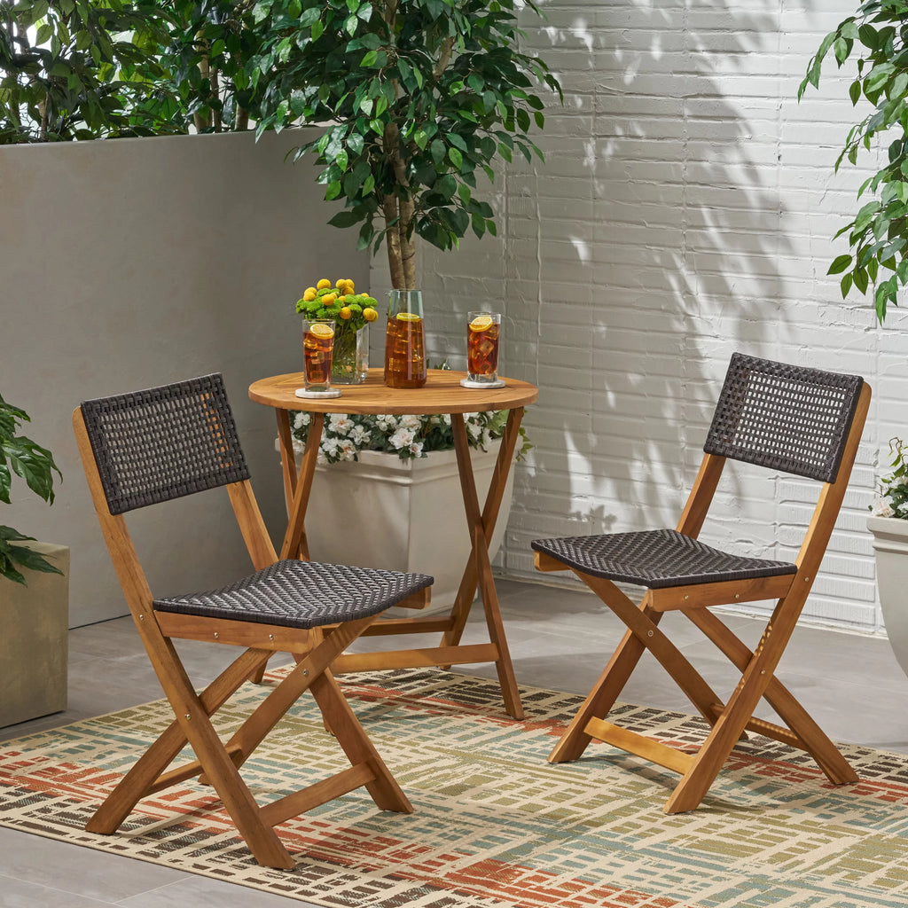 Acacia Wood Foldable Bistro Chairs with Wicker Seating Set of 2 P400