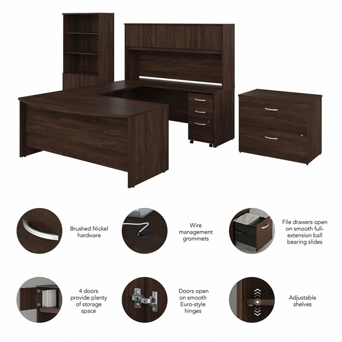 72W Black Walnut Engineered Wood Desk with Hutch and Storage J223