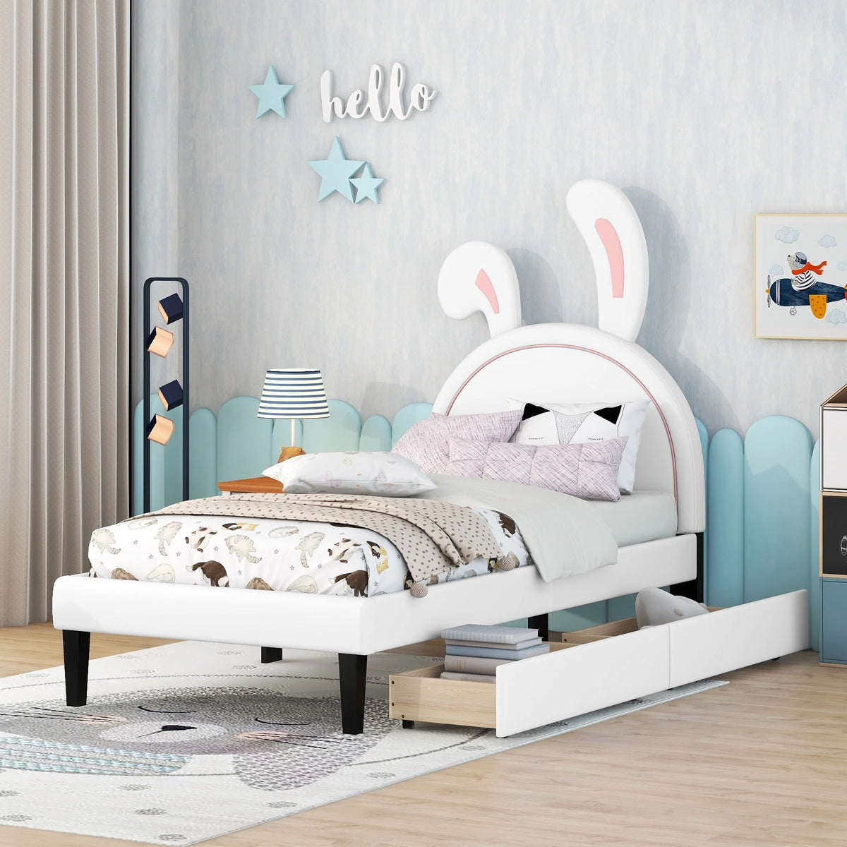 White Twin Size Upholstered Leather Platform Bed with 2 Drawers L15632