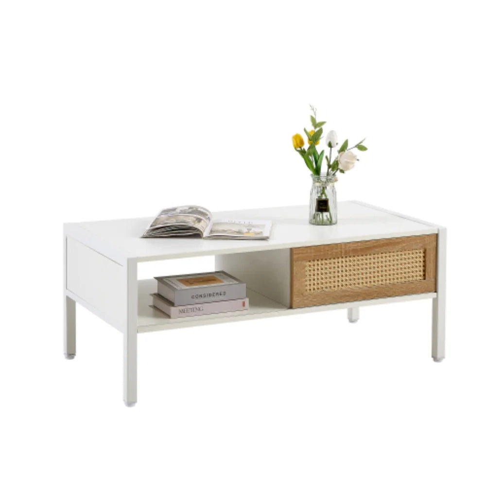 40.16" White Rattan Coffee Table with Storage J77938
