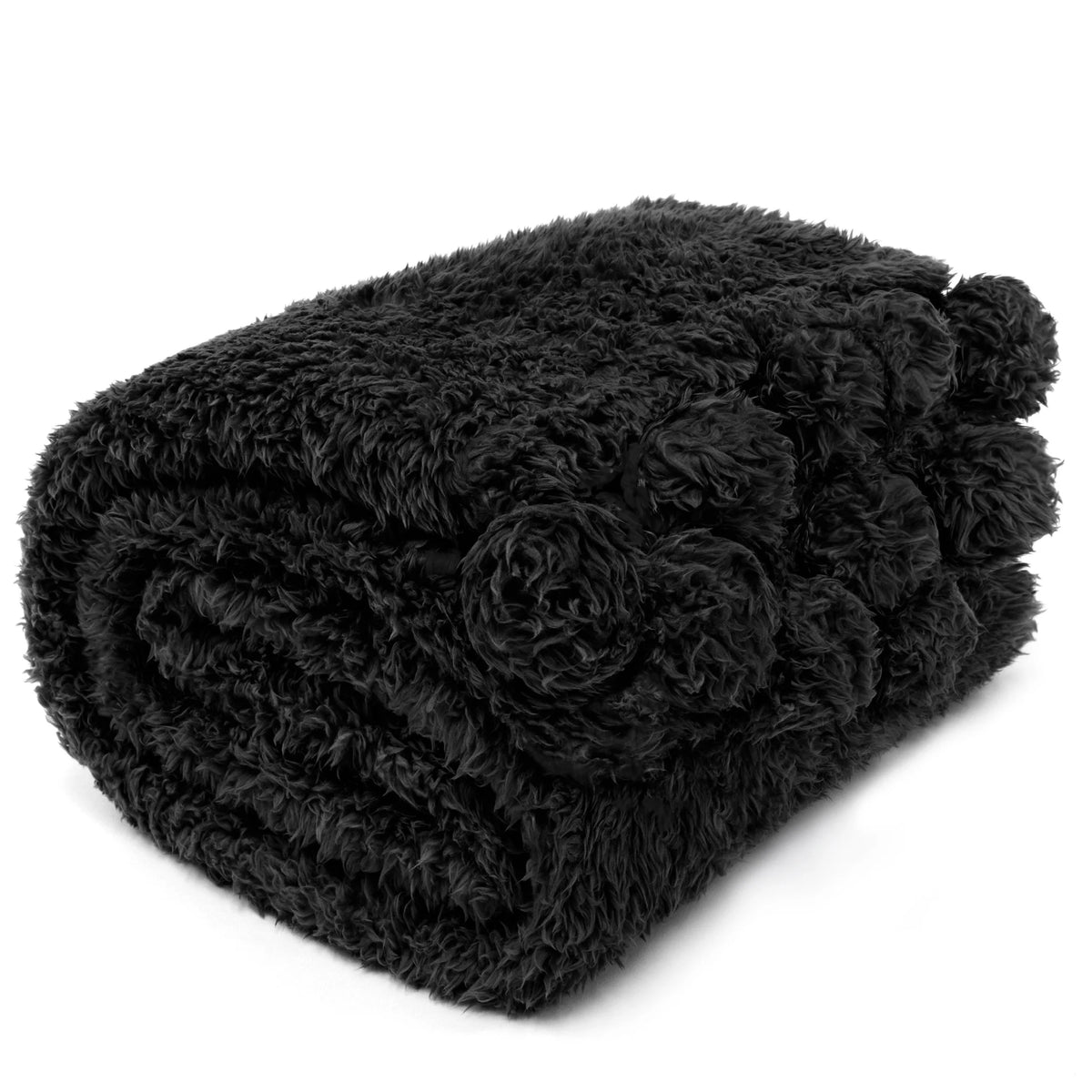 Black Sherpa Throw Blanket with Pom Pom Fringe 50x60 in Y10103