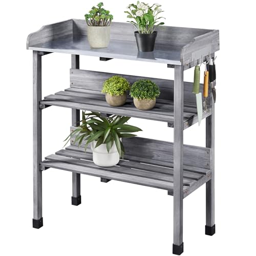 Brown Wooden Potting Bench Table with Storage Shelf E3894