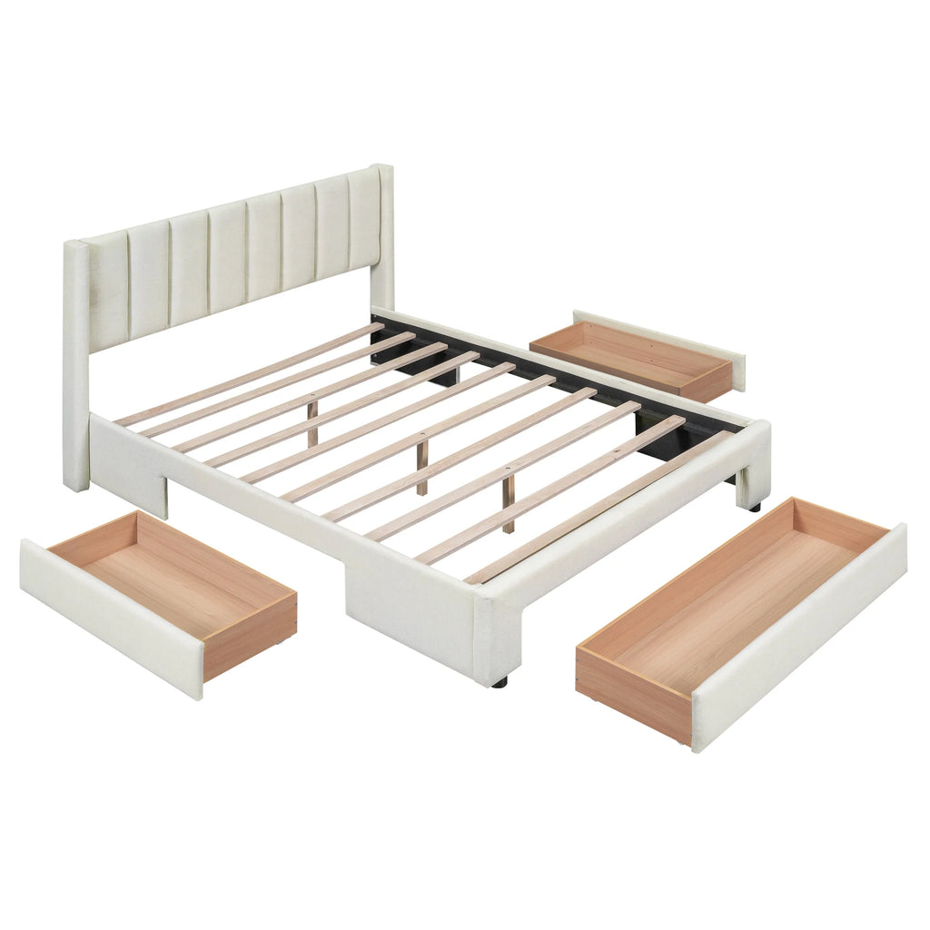 Beige Queen Size Upholstered Platform Bed with 3 Storage Drawers Q850934