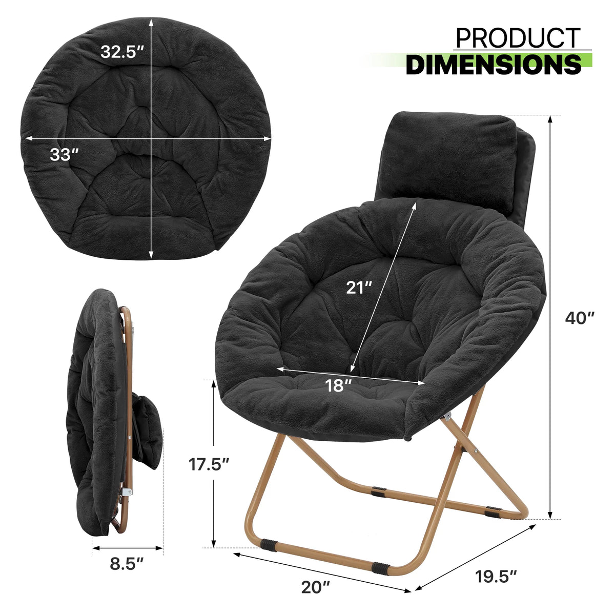 Black Faux Fur Folding Saucer Chairs with Pillow M63824
