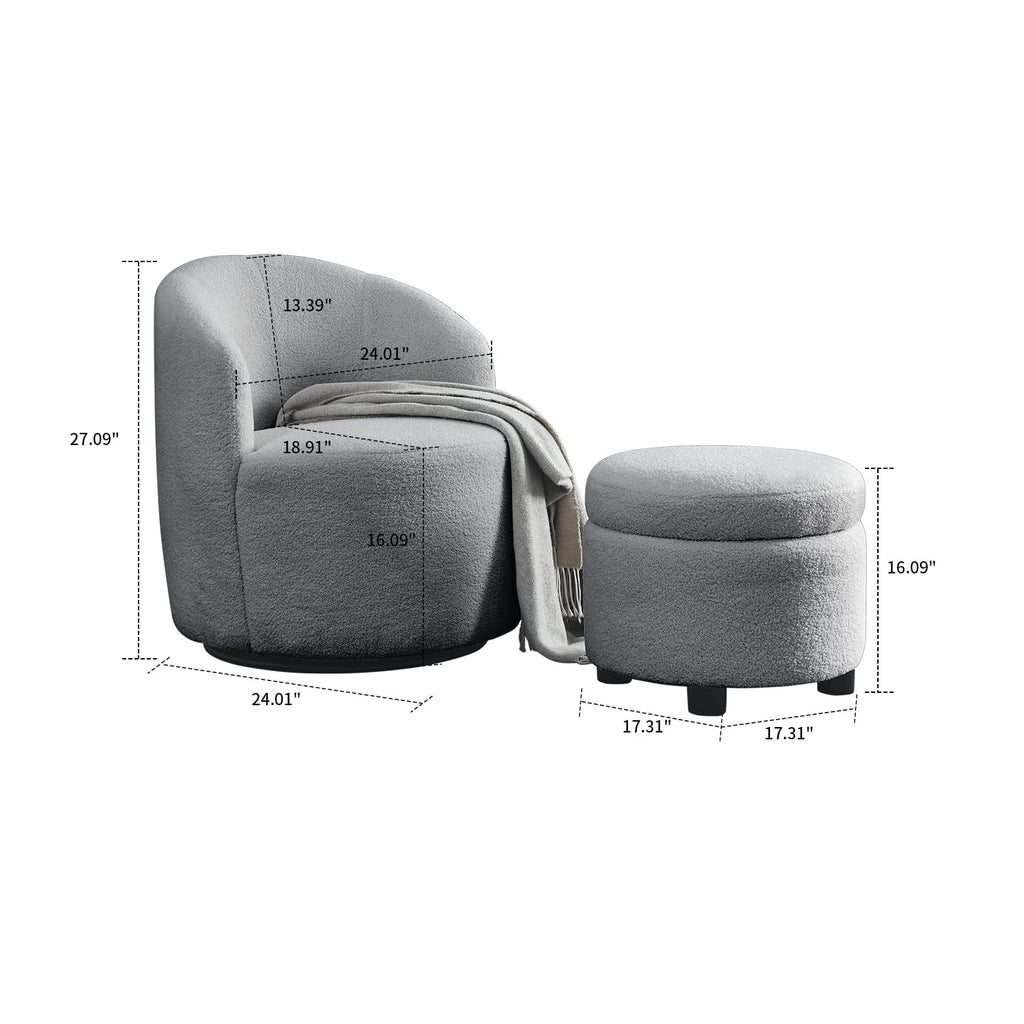 Grey Teddy Fabric Upholstered Swivel Barrel Chair with Storage Ottoman J497
