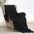 Black Sherpa Throw Blanket with Pom Pom Fringe 50x60 in Y10103