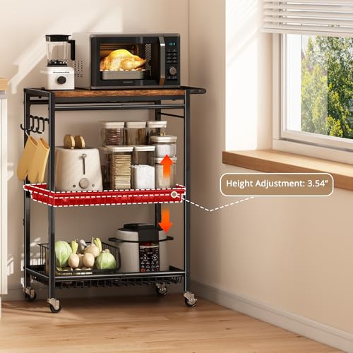 Microwave Kitchen Cart with Push Handle, 3 Tire Rolling Cart with 210Lbs Capacity, Vintage Kitchen Storage Cart with 2 Lockable Wheels E42424