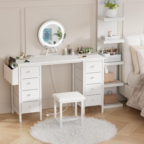 White Vanity Desk with Mirror and Light, Chair, Storage, 8 Fabric Drawers Q8271