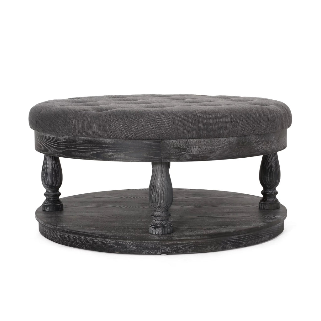 Charcoal Gray Fabric and Wood Ottoman X664