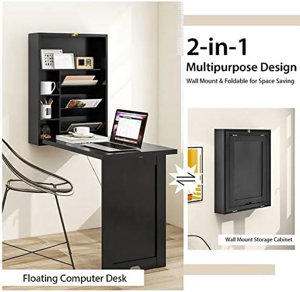 Wall Mounted Foldable Wood Desk with Bookshelf Cabinet Q75291