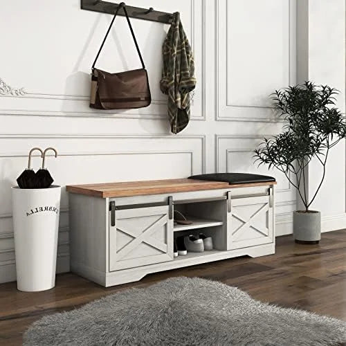 42” Rustic Solid Wood Shoe Bench with Linen Cushion R243736
