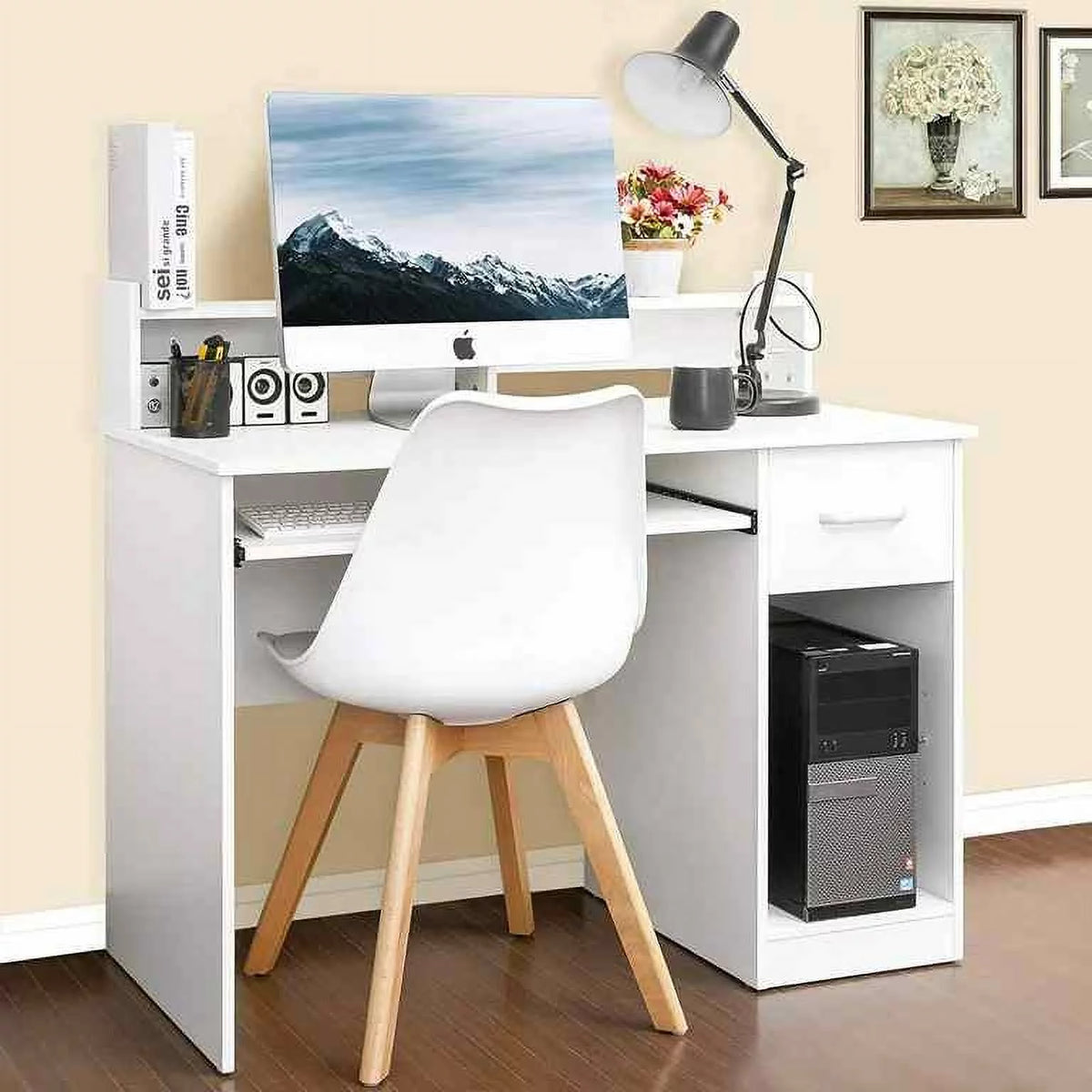 White Computer Desk with Drawer and Keyboard Tray J2678