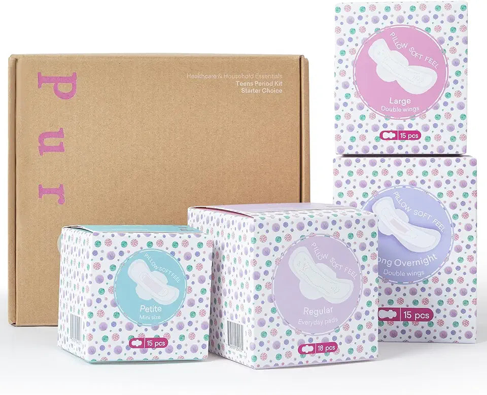 First Period Starter Kit 63pcs Menstrual Pads 4 Essential Size E111