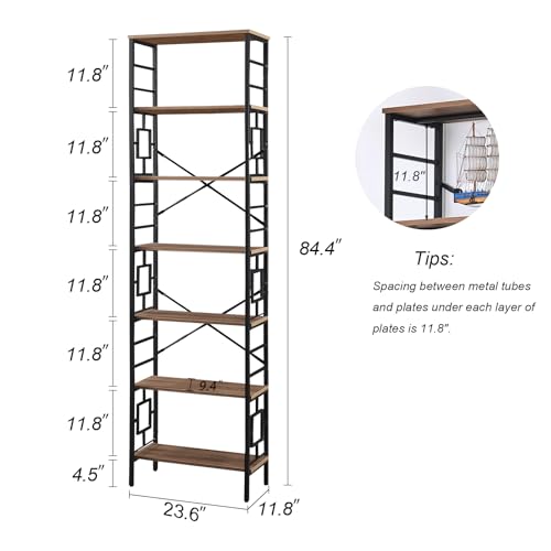 84 Inch 7 Tier Brown Bookshelf with Metal Frame and Open Shelves D55805