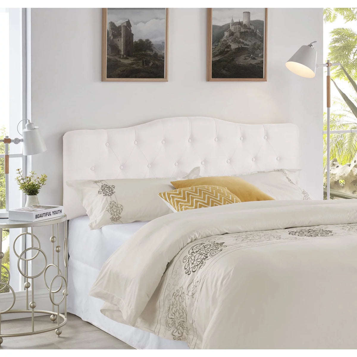 White Linen Upholstered Button Tufted Queen Headboard Z9153