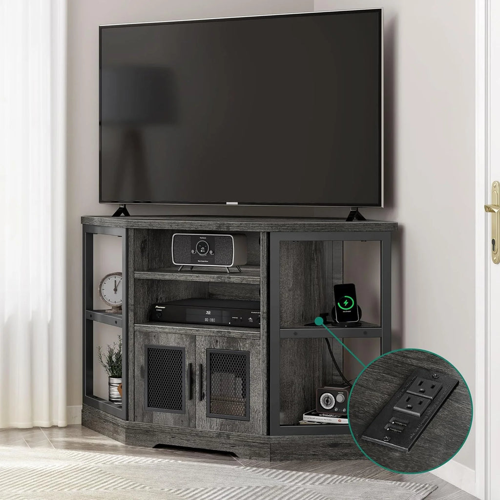 Corner TV Stand up to 55 Inch with Power Outlet, Gray Oak Z283838