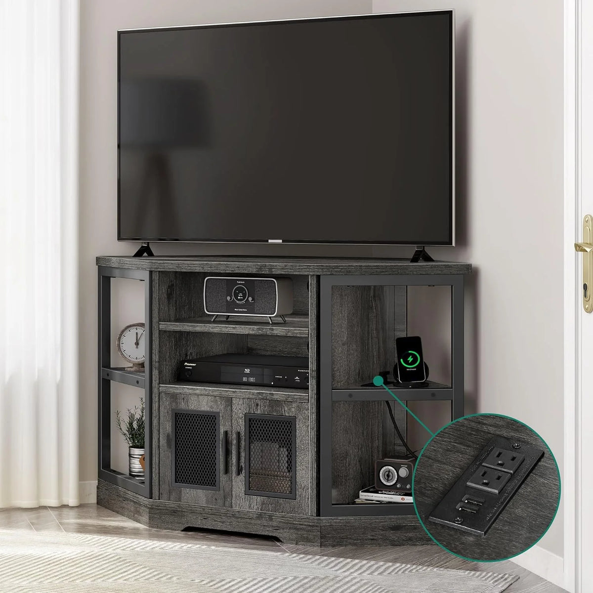 Corner TV Stand up to 55 Inch with Power Outlet, Gray Oak Z283838