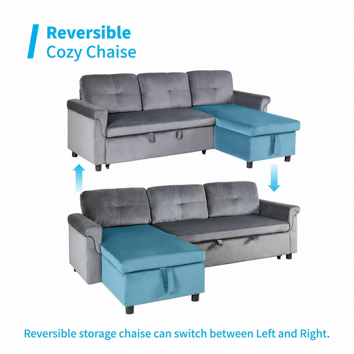 Light Gray Velvet Reversible Sectional Sofa with Storage Chaise P30813