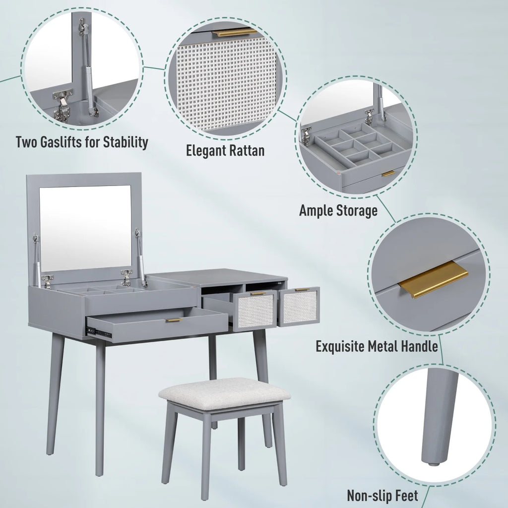 Gray Wood Vanity Table and Stool Set with 3 Drawer M72735