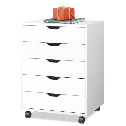 White 5 Drawer Wood Storage Cabinet with Wheels D6072