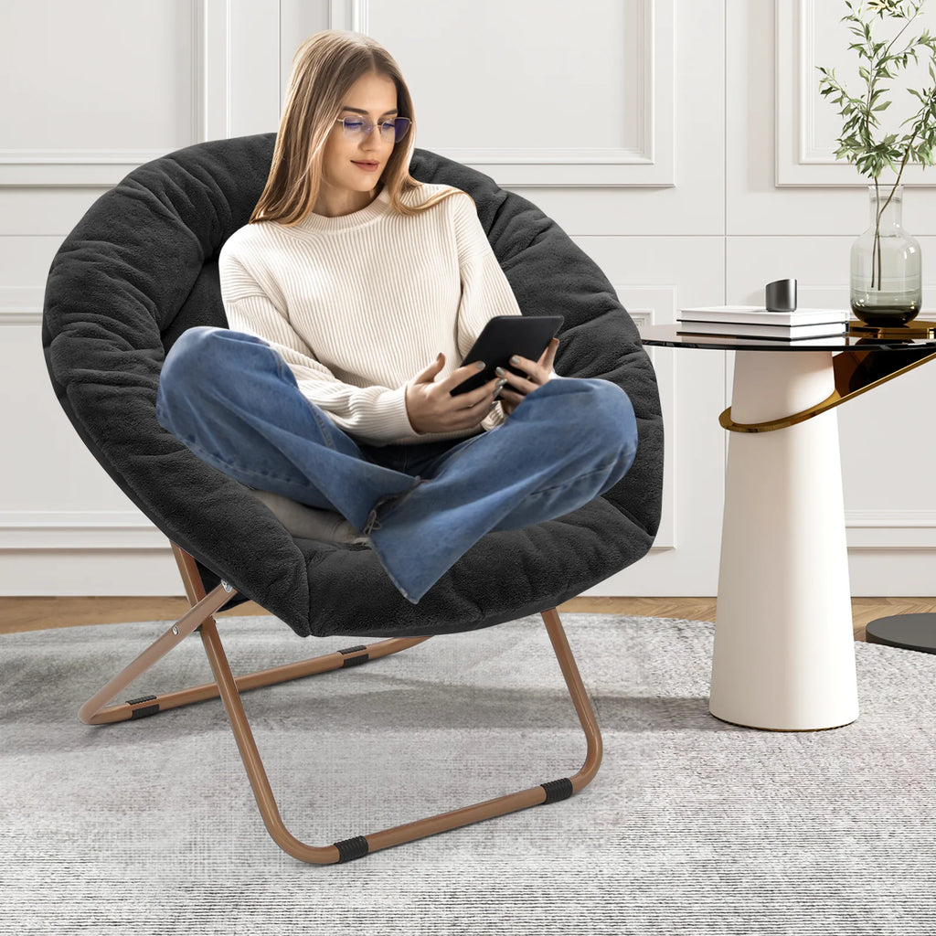 Black Faux Fur Folding Saucer Chairs with Pillow M63824