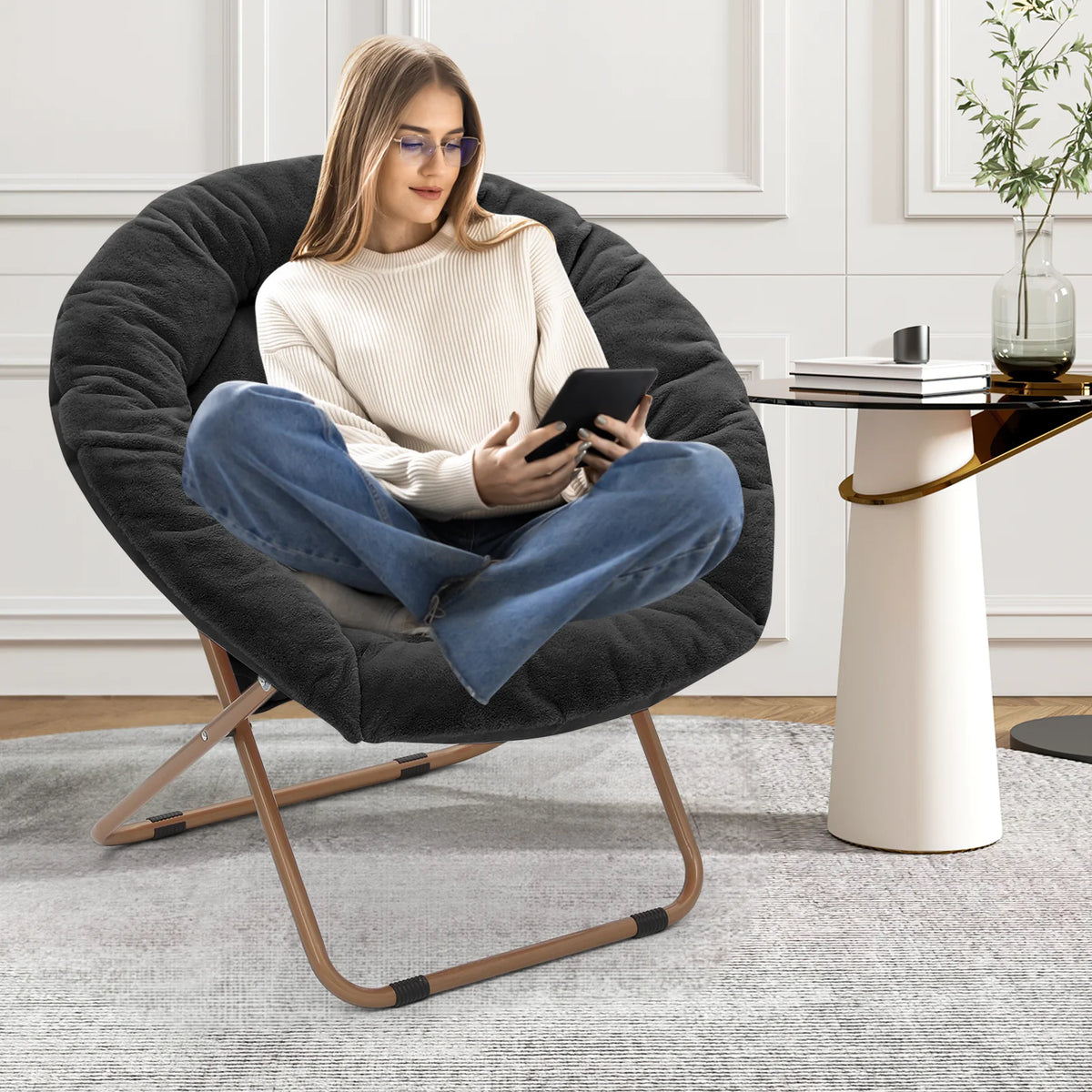 Black Faux Fur Folding Saucer Chairs with Pillow M63824